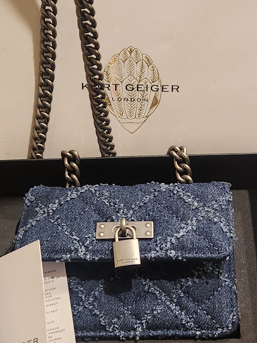 Kurt Geiger Denim Blue Quilted Crossbody Bag with Chain Strap